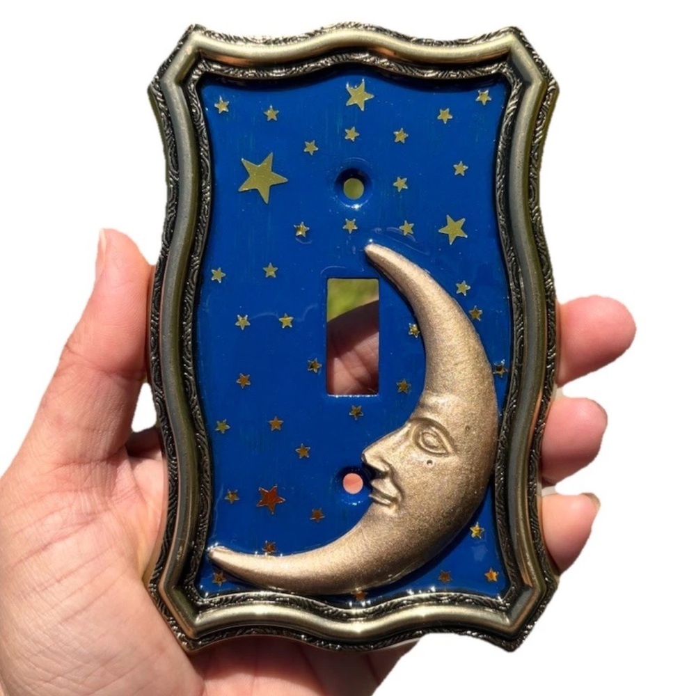 Celestial Light Switch Cover 90s Vintage  Inspired, Moon Metal Plate Blue & Gold